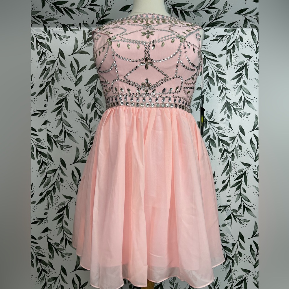 Bridesmaid Prom Evening Size L 12 Pink Beaded Mini Dress Cocktail Party NWT #C